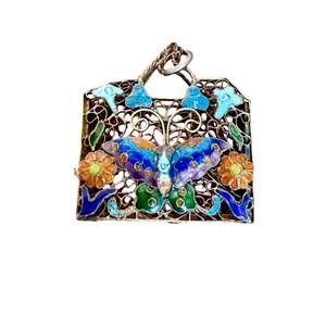 VTG Cloisonne Butterfly Trinket  Enamel Floral Filigree Necklace Pendant